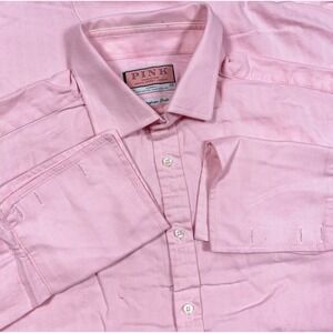 Thomas Pink Shirt Men 16.5 35 Pink Button Up French Cuff Herringbone Twill Dress